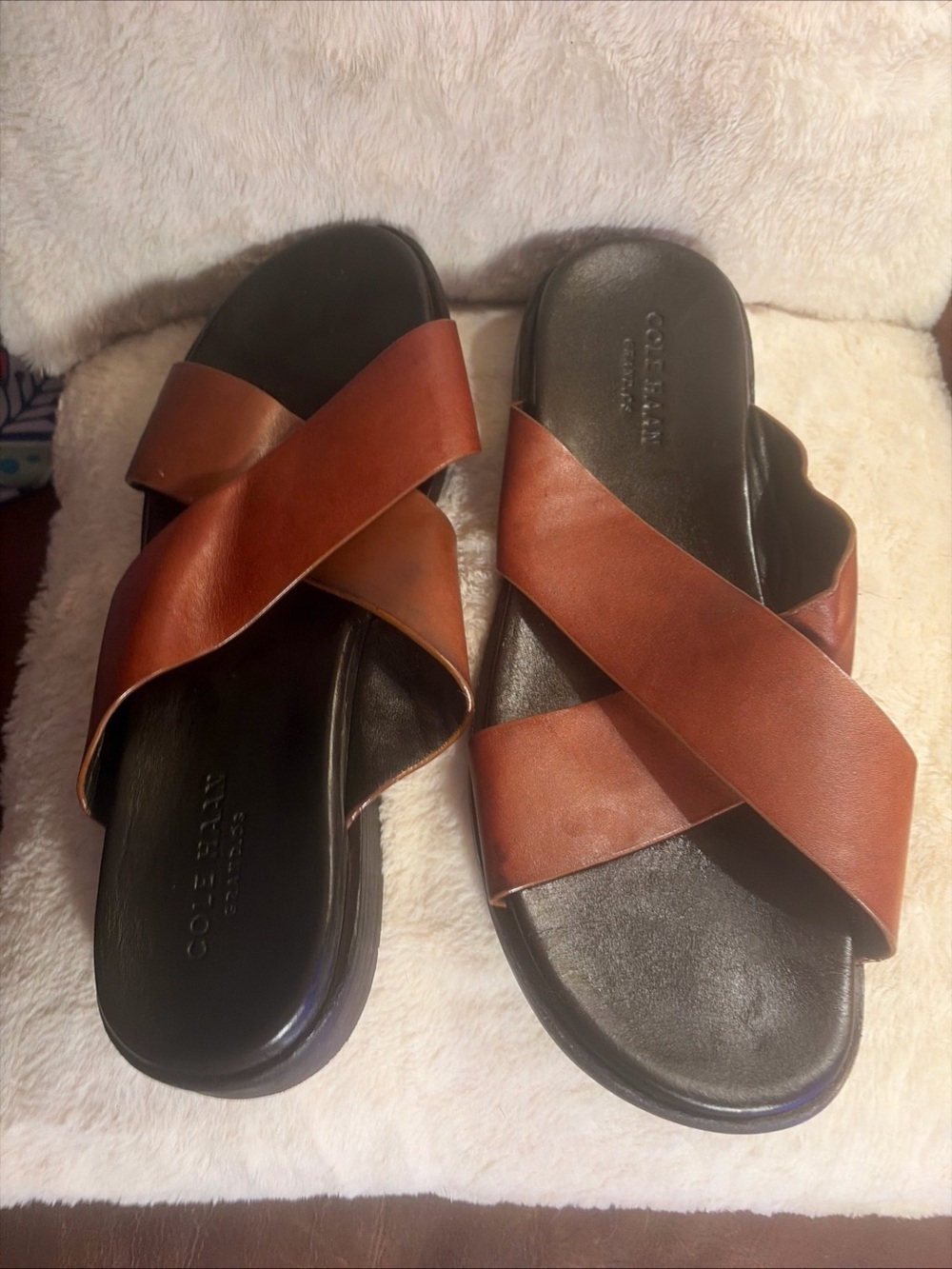 Cole Haan Black Footbed with Brown Leather Cross-Strap Sandals